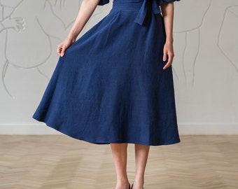 Cirkelrok Midi cirkelrok Linnen cirkelrok Vintage rok Boho rok Lange cirkelrok Blauwe cirkelrok met zakken EVELYN