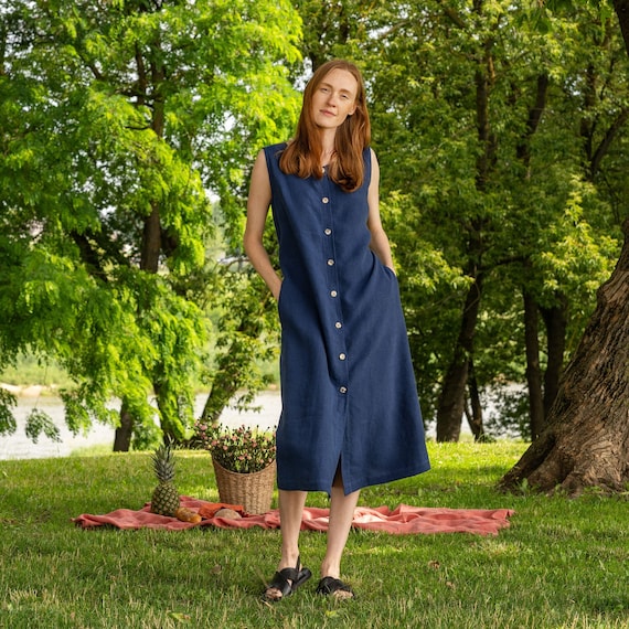 Linen Button Down Dress Sleeveless Button Front Dress Summer Dress Linen Dress Beach Casual Dress Office Dress Midi Blue Dress FAITH Etsy