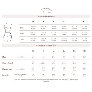 May include: Size chart for women's clothing with measurements in inches and centimetres. The chart includes bust, waist, hips, sleeve length, hem width, and length measurements for sizes XS to XXL.