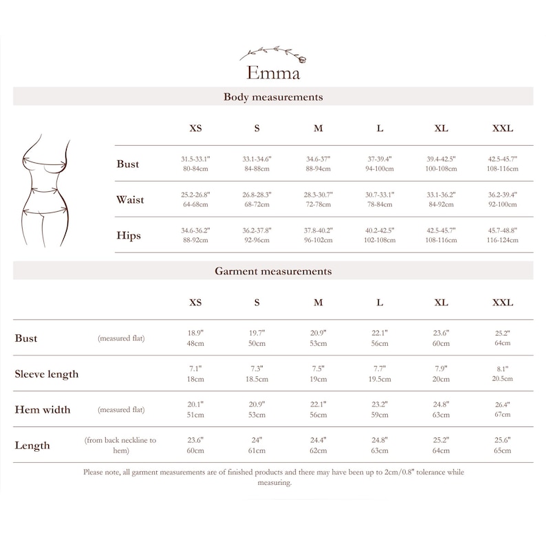 May include: Size chart for women's clothing with measurements in inches and centimetres. The chart includes bust, waist, hips, sleeve length, hem width, and length measurements for sizes XS to XXL.
