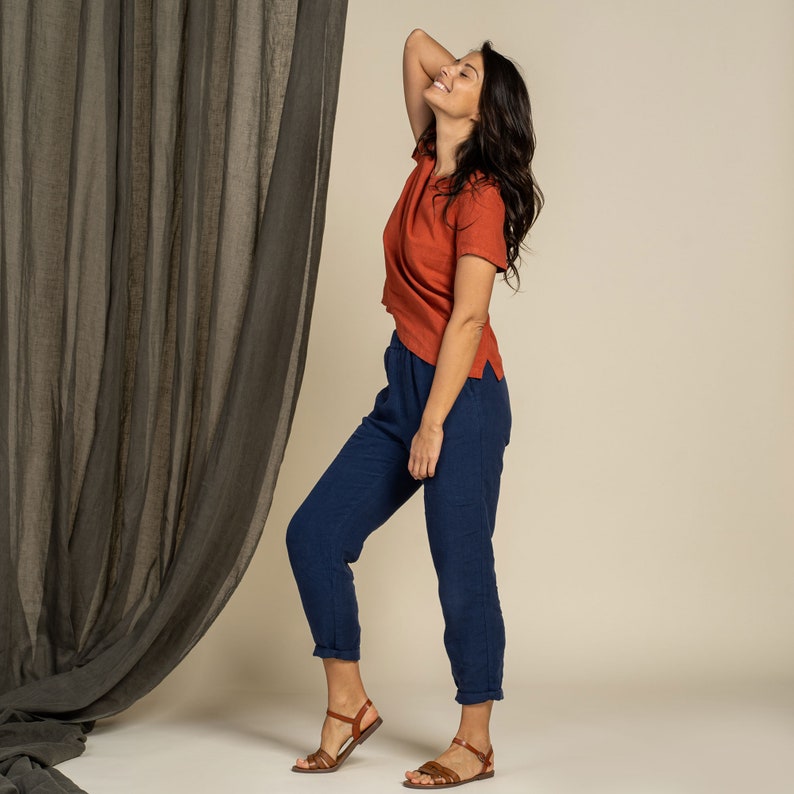 Tapered 100% Linen Pants for Women/High Waisted Pants with image 1