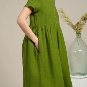 Midi Smock Dress Organic 100% Linen Dress Pure Washed Linen Sustainable Linen Short Sleeve Dress MARIA Forest Green image 5