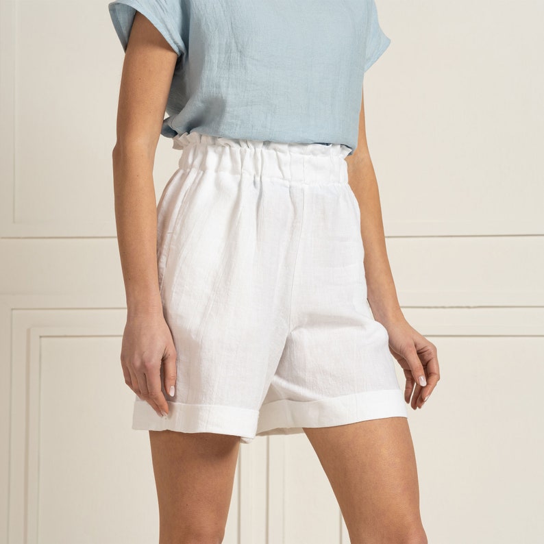 White Linen Shorts High Waisted Shorts Womens Shorts Summer Shorts Loose Shorts / Sustainable Clothing Linen Clothing DEMI Pure White image 1