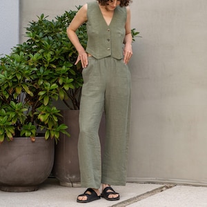 Linen pants in stone green color