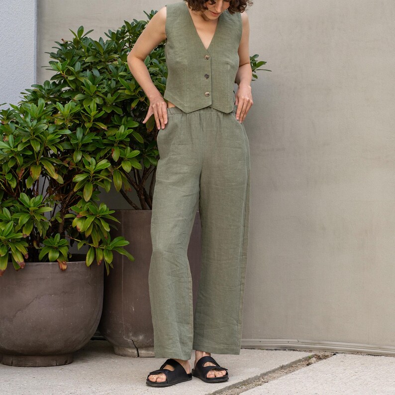 Linen pants in stone green color