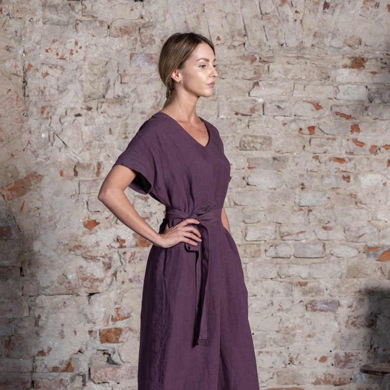 Organic 100% Linen Dress for Woman Long Sun Dress Oversized Midi Dress with Tie Short Sleeve Shift Dress Linen Tunic Dress JOELLE image 2