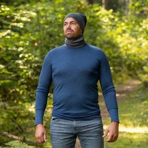Mens Long Sleeve T-Shirt Workout Shirt Crewneck Sweatshirt Merino Wool Thermal T-Shirt Organic Clothing Lounge Wear 160gsm Denim Blue