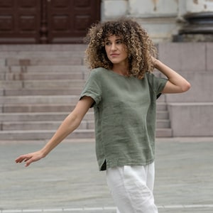 T-shirt d'été pur lin Chemisier en lin pour femme Top en lin à manches courtes EMMA Stone Green image 5