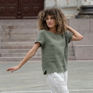 Pure Linen T-Shirt for Summer Linen Blouse for Women Short Sleeve Linen Top EMMA Stone Green image 5