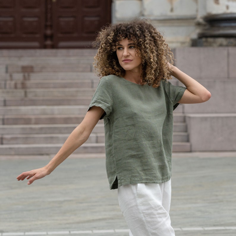Pure Linen T-Shirt for Summer Linen Blouse for Women Short Sleeve Linen Top EMMA Stone Green image 5