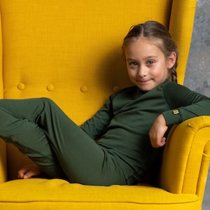 Merino Wool Kids Loungewear Set Pajama Set Pjs Long Sleeve Shirt & Unisex Pants Baby Girl Boy Two Piece Set Baby Clothes Dark Green