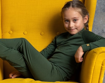 Kinder-Loungewear-Set aus Merinowolle, Pyjama-Set, Pyjama-Set mit langen Ärmeln und Unisex-Hosen, zweiteiliges Set für Babys, Mädchen und Jungen, Bio-Babykleidung, dunkelgrün