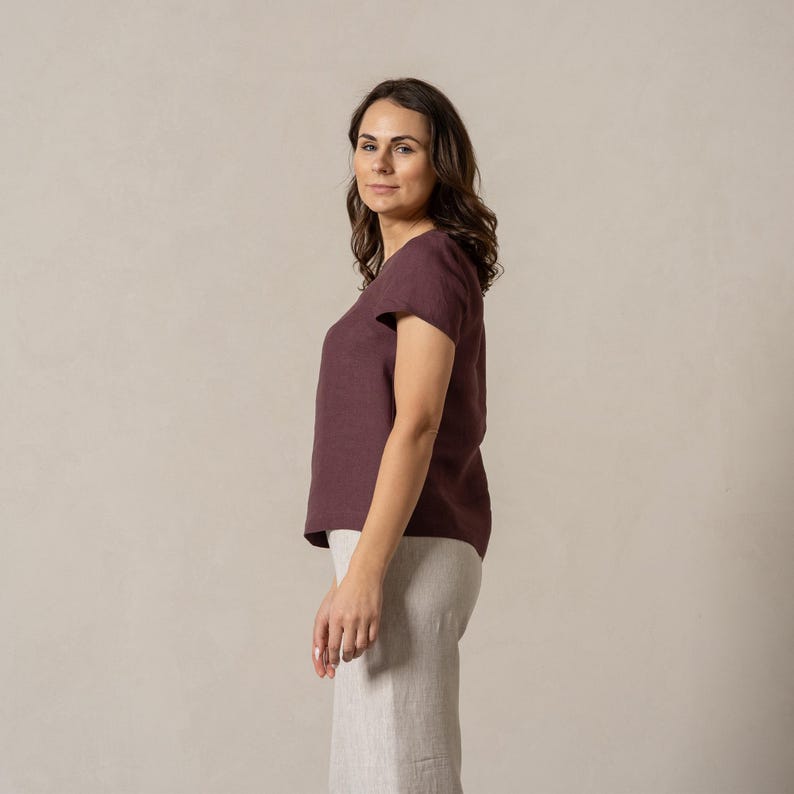 Organic 100% Linen Blouse Short Sleeve Top Round Neck Linen Blouse for Women Sustainable Linen Gifts for Women EMMA image 3