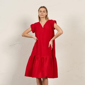 Red Dress Linen Dress Summer Dress Elegant Dress Simple Dress Casual Dress Ruffle Dress Smock Dress Midi Dress VICTORIA