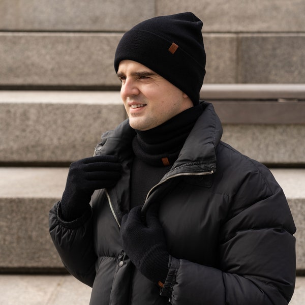 Ensemble bonnet, cache-cou et gants en laine 100 % laine mérinos en tricot pour homme Noir