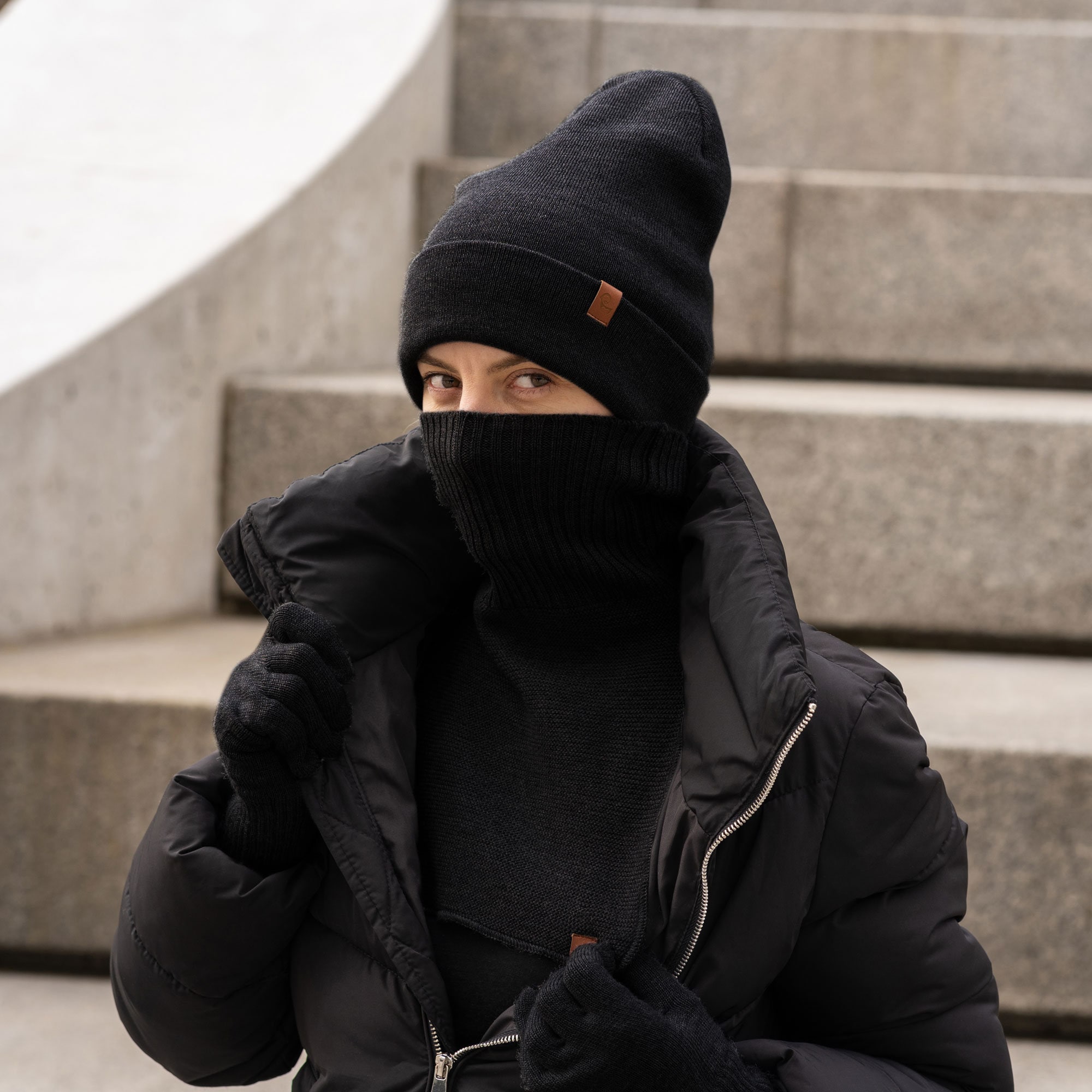 3 Piece Set of Beanie Hat, Mock Dickie & Gloves Merino Wool Warm