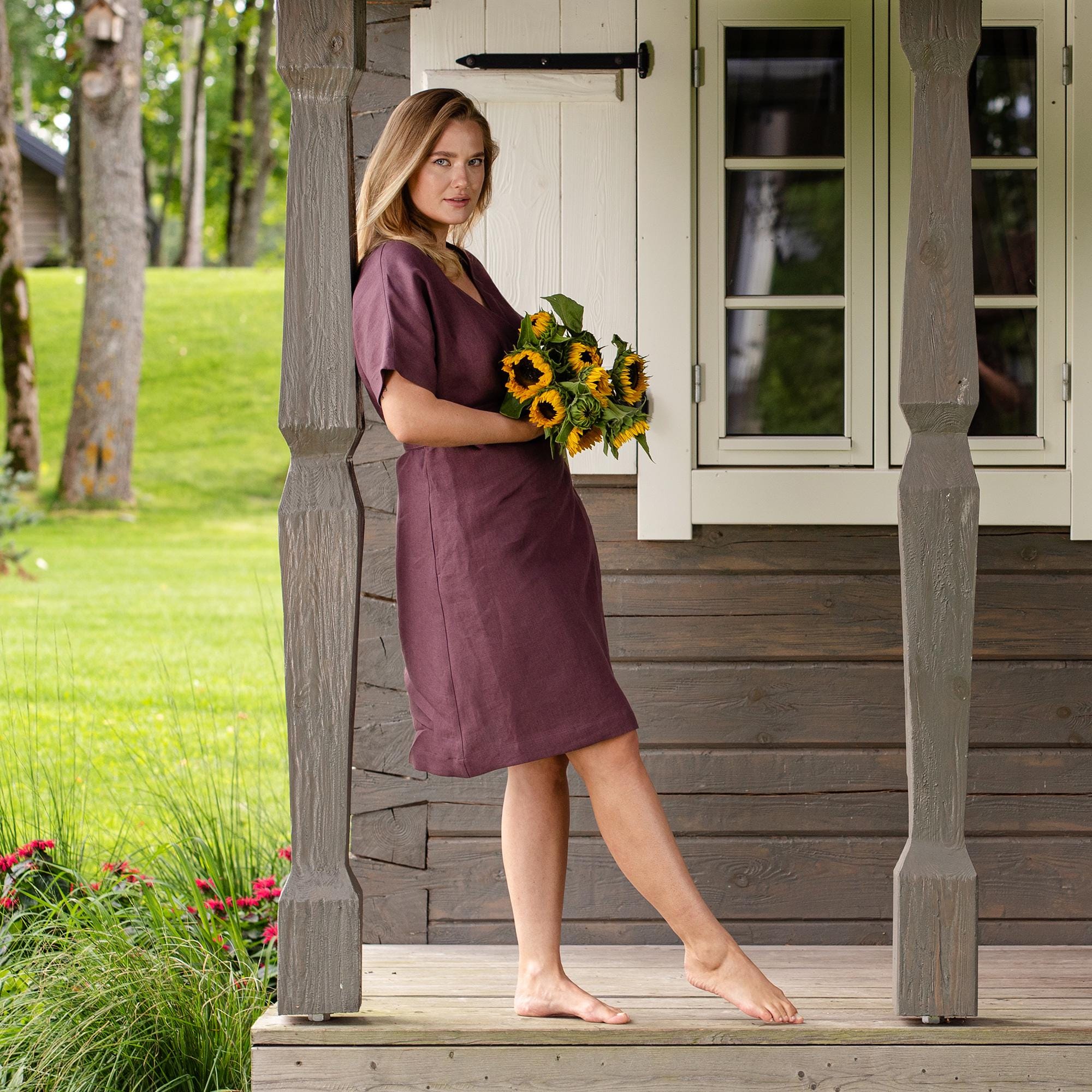 midi wedding guest dresses summer Dress with Half Sleeves and Pleated V-Neck SOSJAN26 Shade:Mocha Luxe Elevate your wedding guest Reiss - Plum Purple