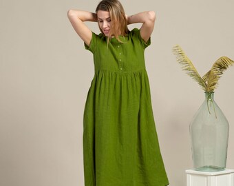Midi Smock Dress/Organic 100% Linen Dress/Pure Washed Linen/Sustainable Linen Short Sleeve Dress – MARIA Forest Green