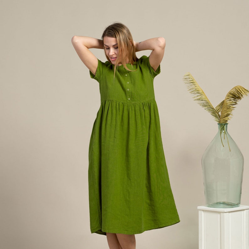 Midi Smock Dress Organic 100% Linen Dress Pure Washed Linen Sustainable Linen Short Sleeve Dress MARIA Forest Green image 3
