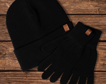 Merino Wolle Mütze & Strick Handschuhe 2 Stück Set für Herren Warm Gestrickt Accessoires Unisex Chunky Beanie Frühling Wolle Handschuhe Schwarz