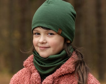 Herbstmütze für Kinder, 100 % Merinowolle, Babymütze für Mädchen und Jungen, Naturwolle, 160 g/m², Dunkelgrün