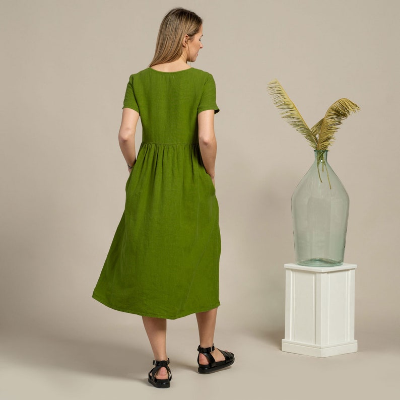 Midi Smock Dress Organic 100% Linen Dress Pure Washed Linen Sustainable Linen Short Sleeve Dress MARIA Forest Green image 4
