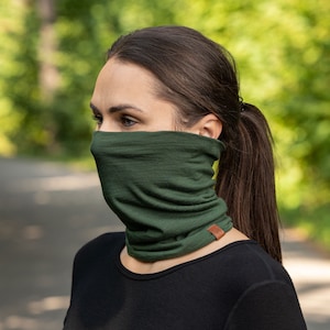 Neck Gaiter Face Mask for Woman Man Large Face Mask Scarf Neck Warmer Unisex Ski Mask Merino Wool Organic Clothing Knit Accessories Dark Green