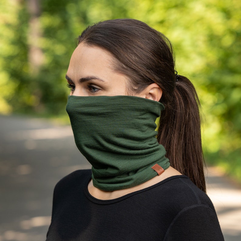 Neck Gaiter Face Mask for Woman Man Large Face Mask Scarf Neck Warmer Unisex Ski Mask Merino Wool Organic Clothing Knit Accessories Dark Green