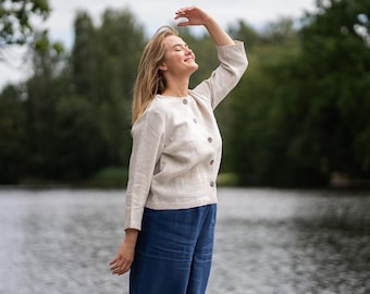 Cropped Cardigan Button Down Linen Jacket Summer Linen Cardigan with Buttons Natural Linen Clothing Linen Blazer Linen Outwear ALICE