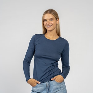 Womens Long Sleeve T-Shirt Natural Crewneck Sweatshirt T-Shirt Yoga Wear Merino Wool Sustainable Clothing Lounge Wear 160gsm Denim Blue