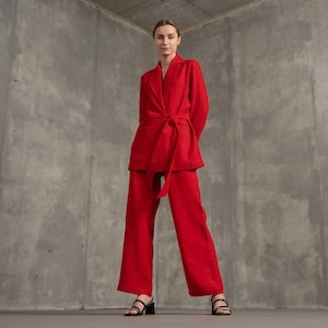 Red Linen Trousers 100% Linen Pants High Waist Palazzo Pants Wide Leg Pants Pants Woman Linen Clothing for Women image 3