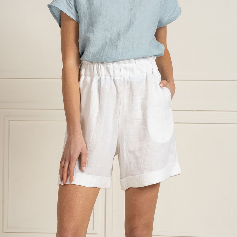 White Linen Shorts High Waisted Shorts Womens Shorts Summer Shorts Loose Shorts / Sustainable Clothing Linen Clothing DEMI Pure White image 3