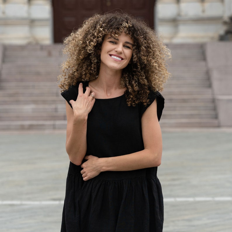 Ready to ship linen smock dress in black color