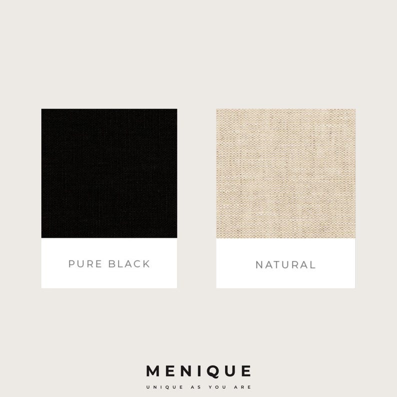 May include: Two fabric swatches, one black and one natural beige, with the text "PURE BLACK" and "NATURAL" below each swatch. The text "MENIQUE UNIQUE AS YOU ARE" is at the bottom of the image.