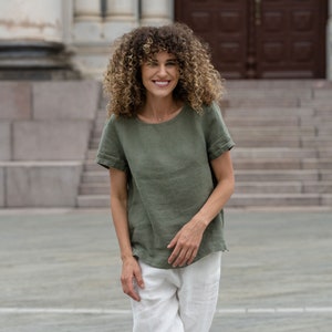 Pure Linen T-Shirt for Summer Linen Blouse for Women Short Sleeve Linen Top EMMA Stone Green image 4
