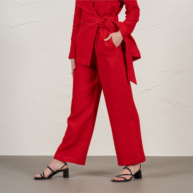 Woman wearing wide leg pants made of Linen in Pure Red color