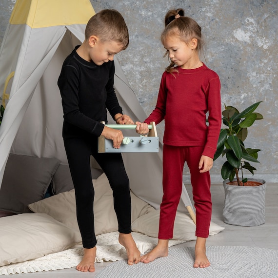 Toddler Leggings Merino Wool Kids Leggings Unisex Girl & Boy Pants Thermal Loungewear Kids Fall Clothes 250gsm Royal Cherry