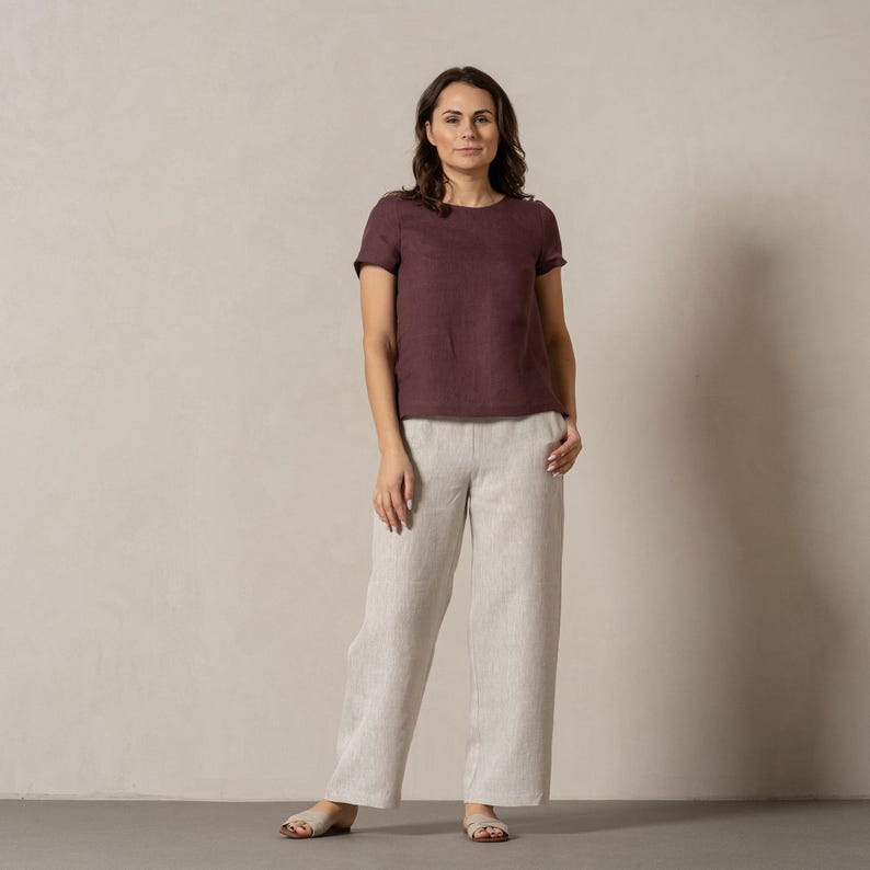 Organic 100% Linen Blouse Short Sleeve Top Round Neck Linen Blouse for Women Sustainable Linen Gifts for Women EMMA image 2