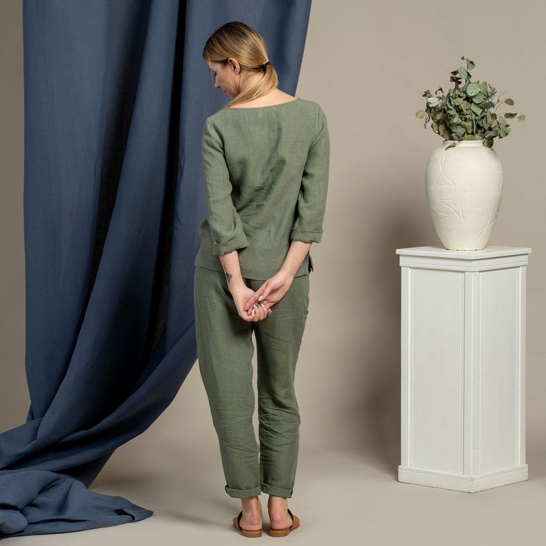 Linne 2-delat set med hög midja, avsmalnande byxor, linnebyxor och linneblus för kvinnor, loungeset, hållbara linnekläder, loungewear bild 3