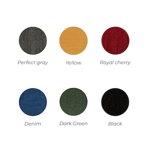 Six fabric color samples labeled Perfect gray, Yellow, Royal cherry, Denim, Dark Green, and Black, displayed in circular swatches.