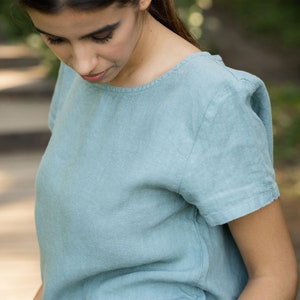 Linen Blouse for Women Short Sleeve Summer Top Loose Linen Shirt Top Handmade Organic Linen Clothing EMMA Mint Green
