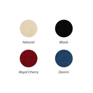 Fabric color swatches for custom product options: Natural, Black, Royal Cherry (deep red), and Denim (classic blue). Round fabric samples shown on white background.