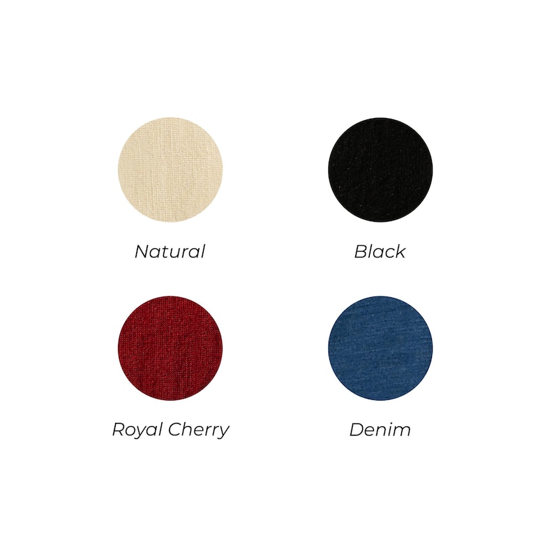 Fabric color swatches for custom product options: Natural, Black, Royal Cherry (deep red), and Denim (classic blue). Round fabric samples shown on white background.