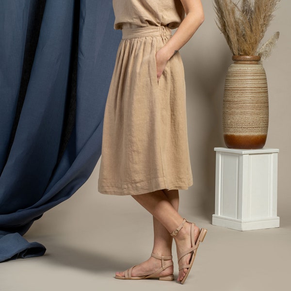 Midi Linen Skirt High Waisted Skirt with Pockets Pleated Skirt for Women Organic 100% Linen Summer Clothes SOPHIA Beach brown