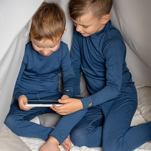 Kids Long Sleeve Shirt Toddler Sweatshirt Thermal Base Layer Sweater Merino Wool Organic Unisex Baby Clothes 160gsm Denim Blue