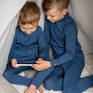 Kids Long Sleeve Shirt Toddler Sweatshirt Thermal Base Layer Sweater Merino Wool Unisex Baby Clothes 160gsm Denim Blue