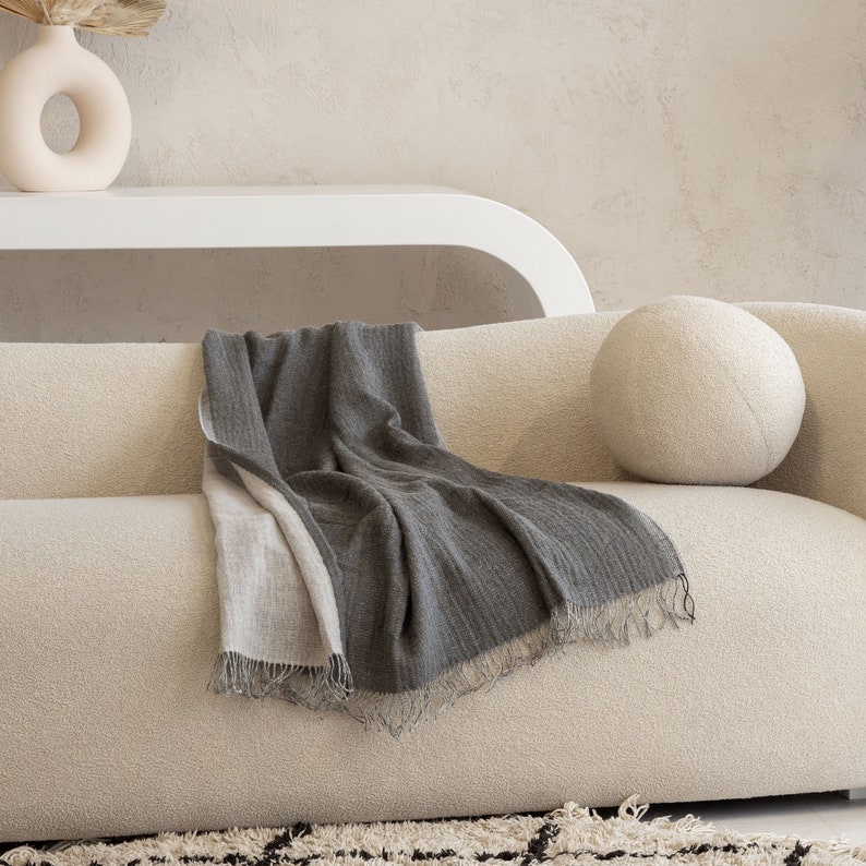 Blanket 100% Merino & Linen Blanket Luxury Blanket Cozy Blanket Bed Blanket with Fringes Summer Blanket Dark Gray Blanket VENICE Gray image 3