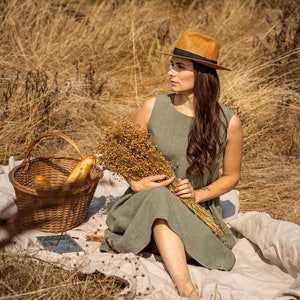 Women&#39;s Linen Summer Dress, Midi Smock Linen Dress for Women, Sustainable 100% Linen Clothing, Dresses with Pockets MAYA Stone Green