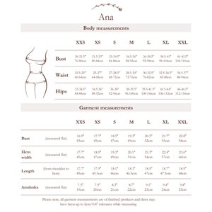 May include: Size chart for a garment with measurements in inches and centimeters for bust, waist, hips, and garment measurements including bust, hem width, length, and armholes.