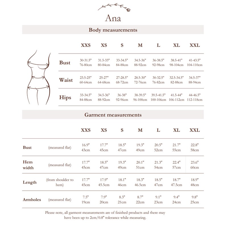May include: Size chart for a garment with measurements in inches and centimeters for bust, waist, hips, and garment measurements including bust, hem width, length, and armholes.